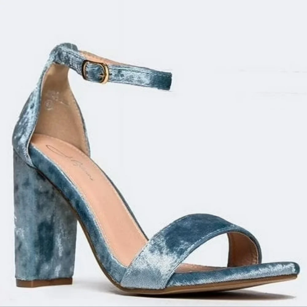 J. Adams NWOT Blue Plush Velvet Block Heel Sandals with Ankle Strap - Picture 1 of 6